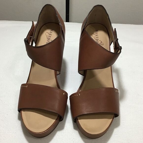 Naked Feet Brown Leather Dorado Wedge Heel Open Toe Sandal Size 8.5 - Picture 2 of 9